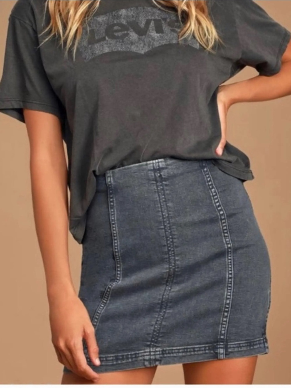 Free People Modern Femme Washed Dark Denim Mini Skirt